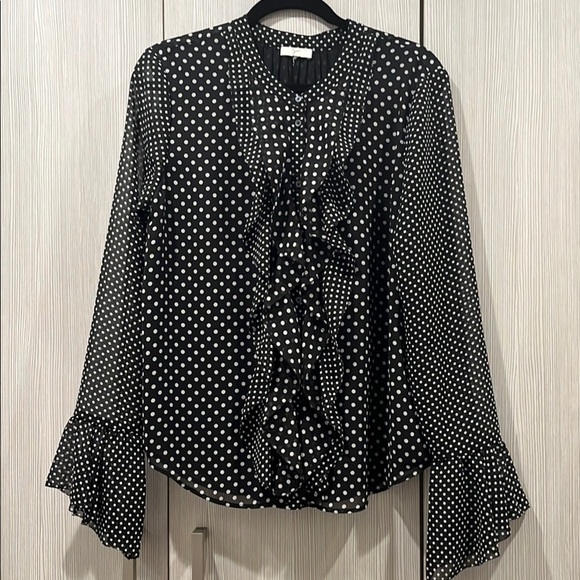 Joie Black White Polka Dot Ruffled “Darek” Blouse Romantic Sheer Sleeves Large - Picture 4 of 14
